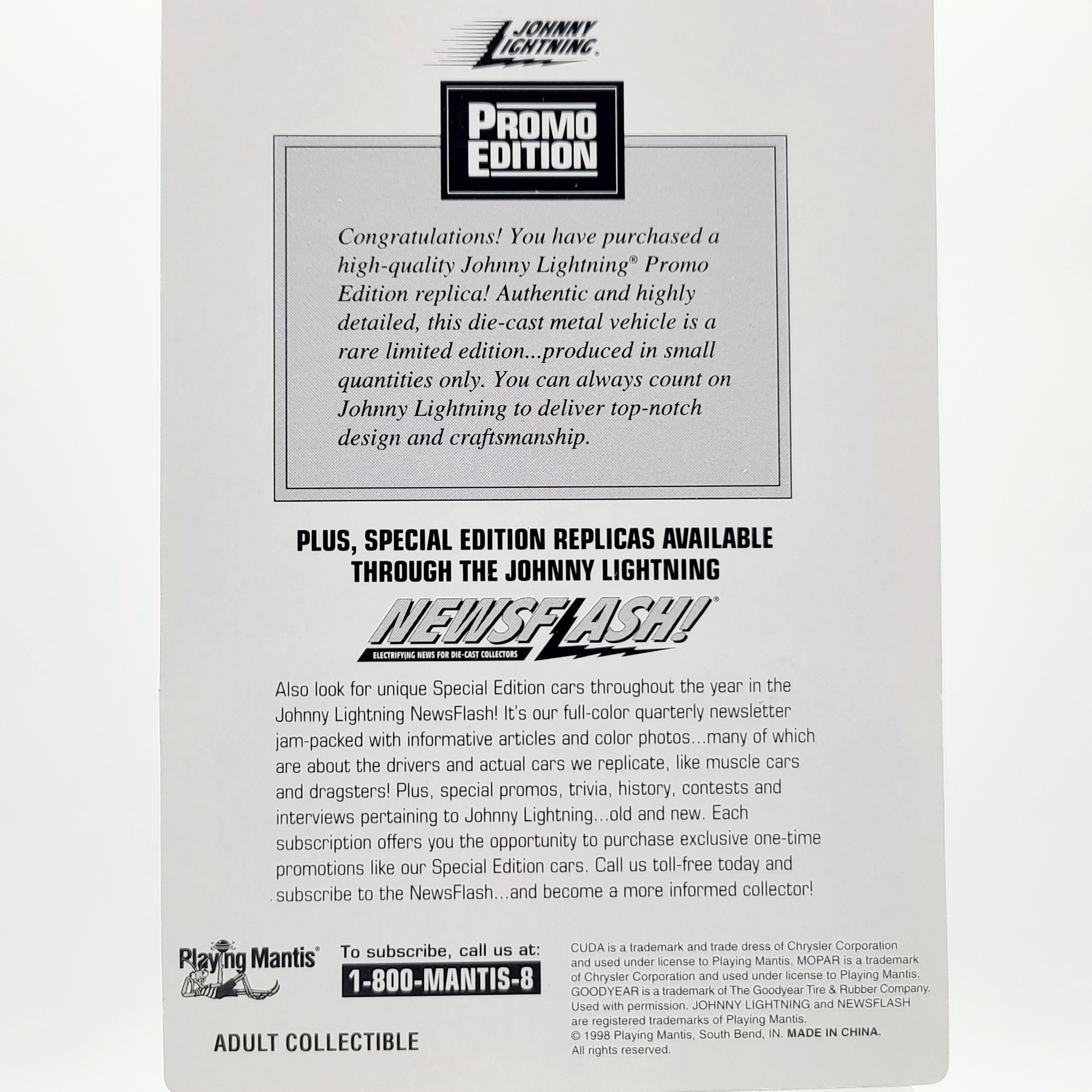 Johnny Lightning - CHASE 1 OF 400 - '70 Cuda, Plymouth - Chrome (1998 Promo Edition)